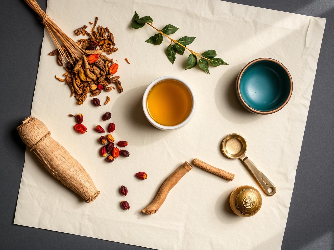 Traditional Chinese herbs, herbal tea and brass tools arranged on rice paper