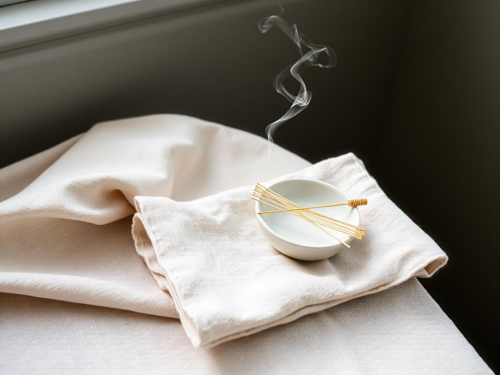 Acupuncture needles and smouldering moxa resting on cream linen
