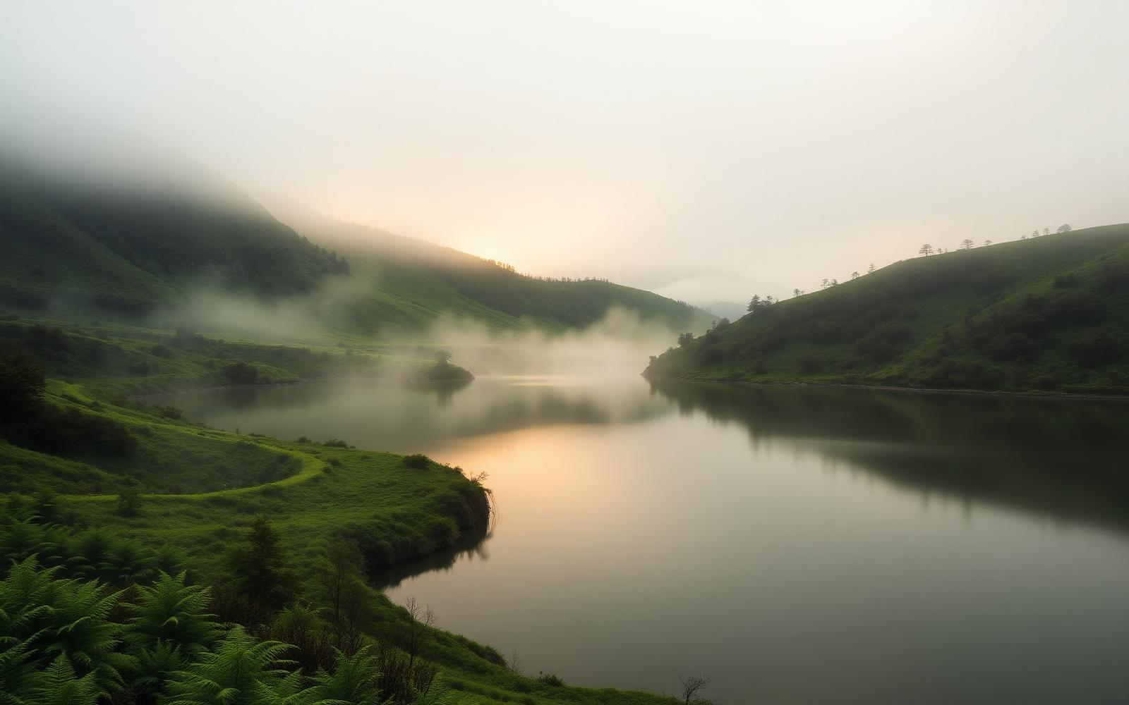 Mist rising over a still lake between green New Zealand hills at dawn